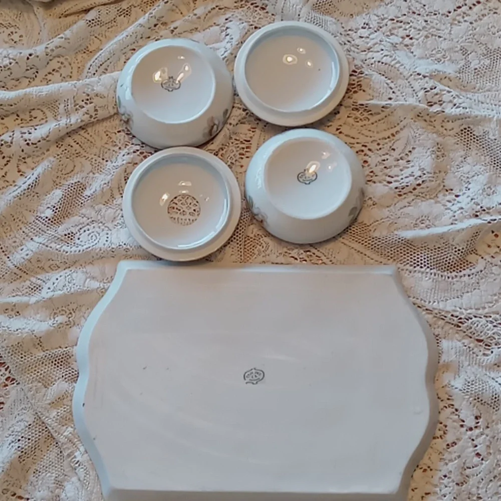 Antique Prov Saxe Porcelain 5 Piece Floral Hand-painted Vanity Set